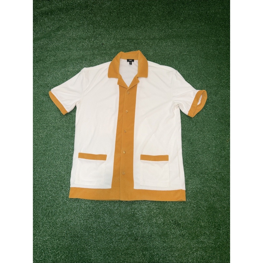 Men's Express White And Yellow Casual Short Sleeve Button Down